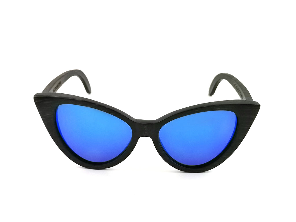 Selina Black Bamboo w/Blue Mirrored Lenses