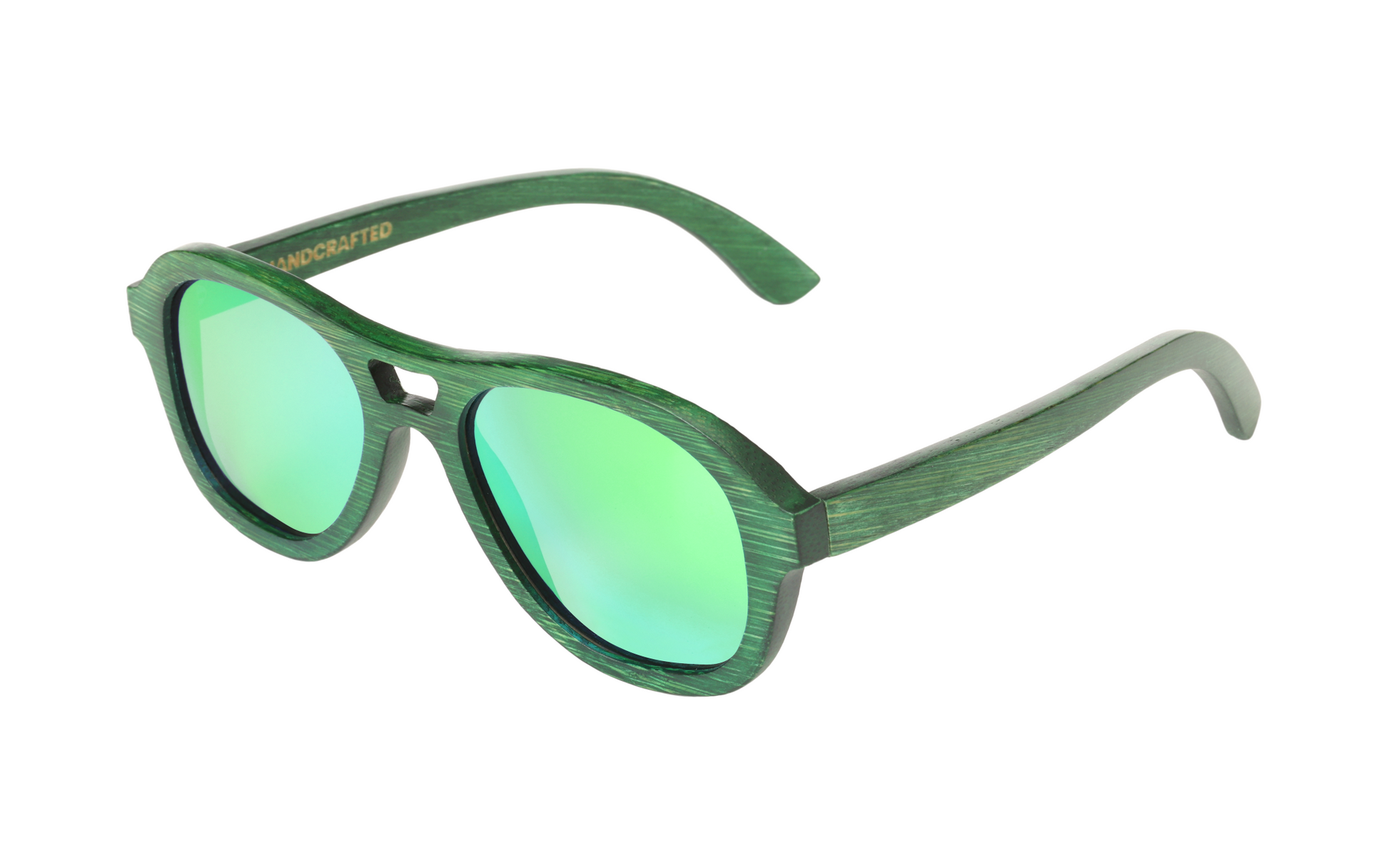 Avion Green handcrafted bamboo aviator sunglasses with green mirrored polarized UV400 lenses. Pic2side view. 