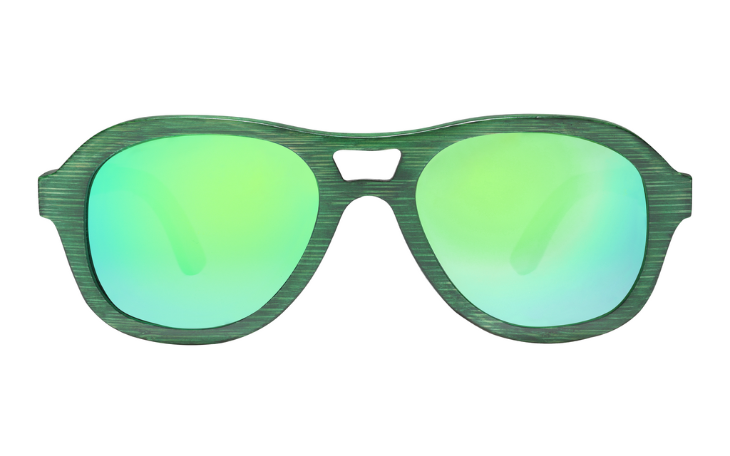 Avion Green handcrafted bamboo aviator sunglasses with green mirrored polarized UV400 lenses. Pic3 full view.