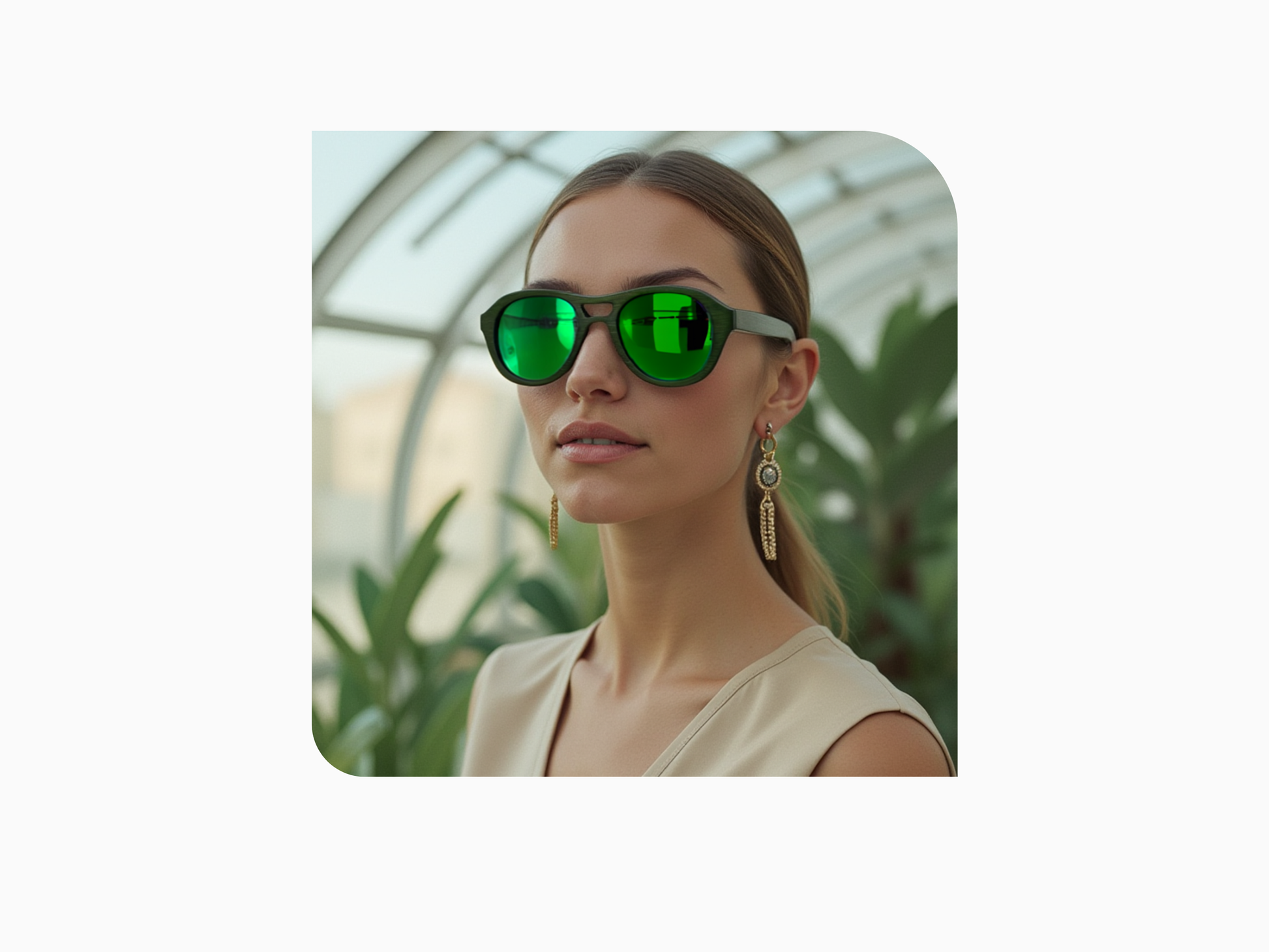 Avion Green handcrafted bamboo aviator sunglasses with green mirrored polarized UV400 lenses. Model wearing the sunglasses with a natural background. 