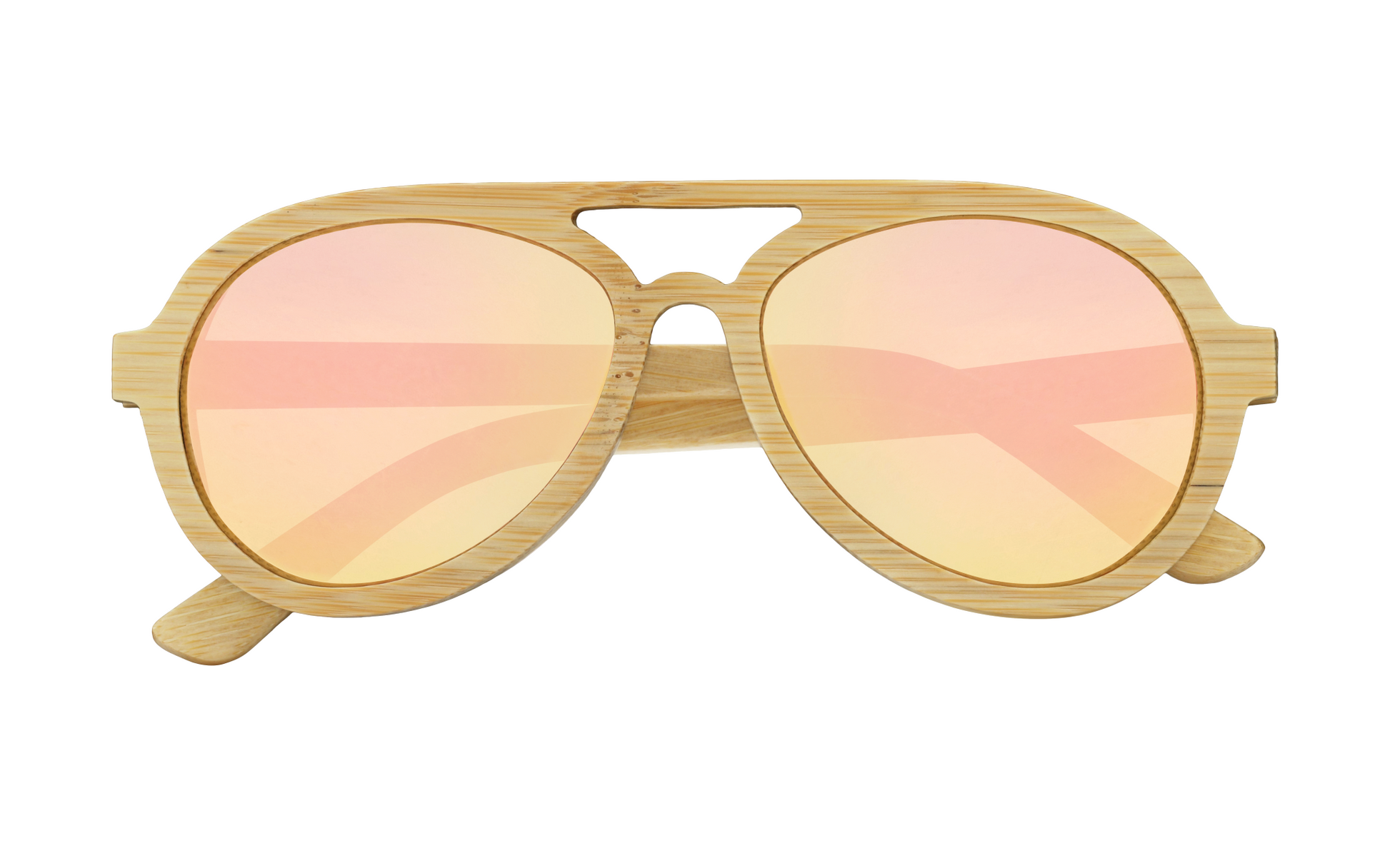 Avion Natural handcrafted bamboo aviator sunglasses with rose gold mirrored polarized UV400 lenses. Pic 1 front view. 