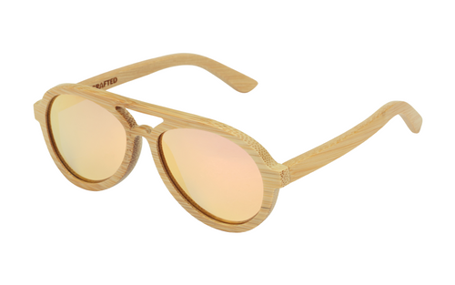 Avion Natural handcrafted bamboo aviator sunglasses with rose gold mirrored polarized UV400 lenses. Pic 2 side view. 