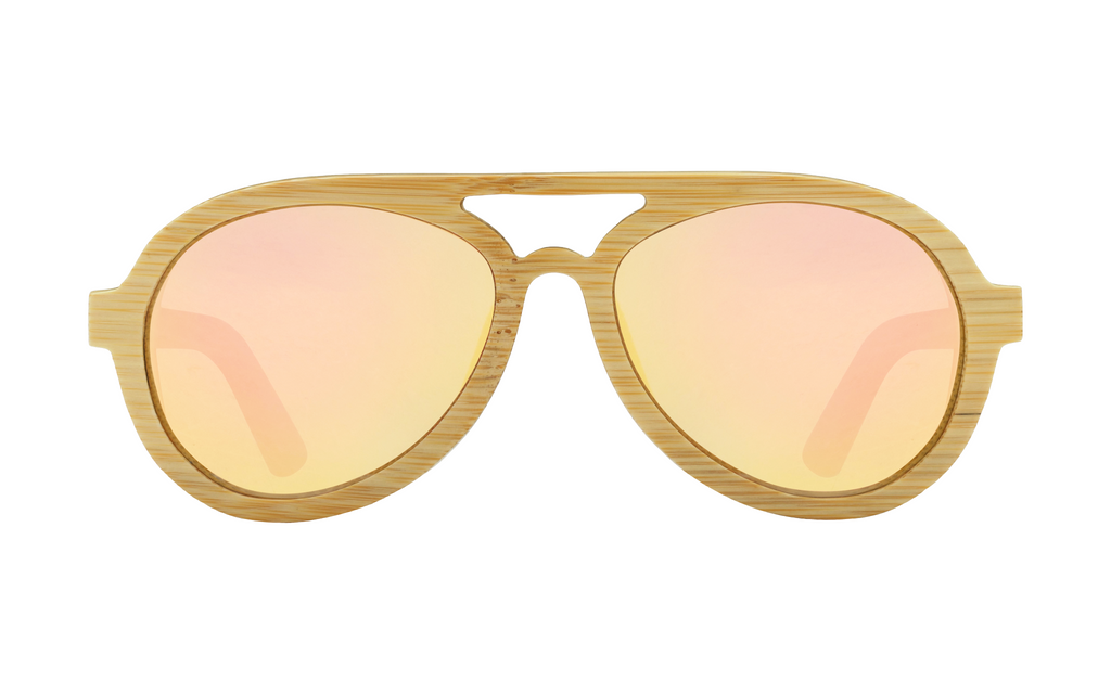 Avion Natural handcrafted bamboo aviator sunglasses with rose gold mirrored polarized UV400 lenses. Pic 3 full view. 
