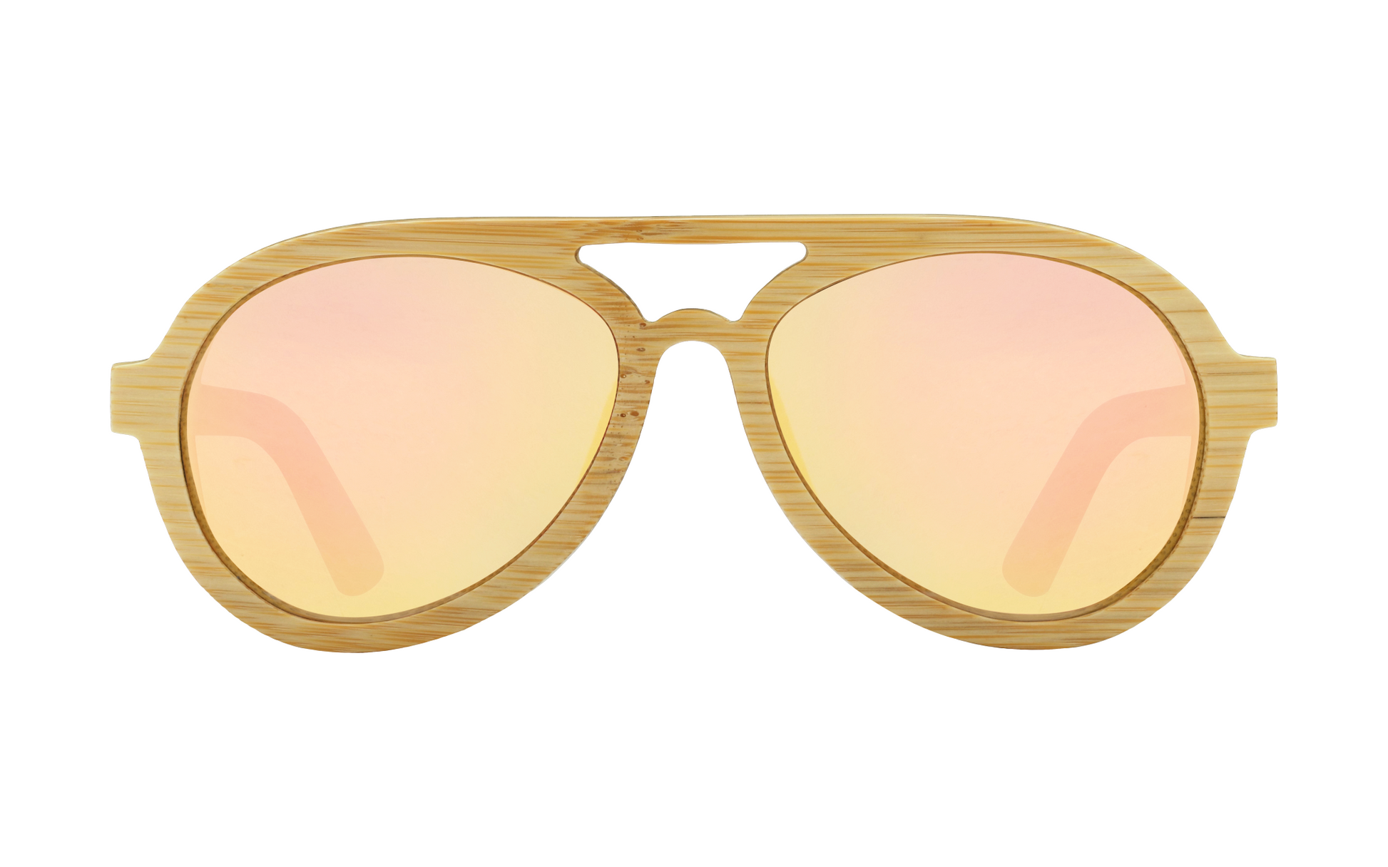 Avion Natural handcrafted bamboo aviator sunglasses with rose gold mirrored polarized UV400 lenses. Pic 3 full view. 