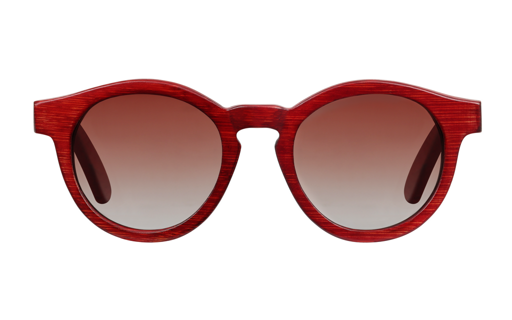 Parker Rouge handcrafted red bamboo sunglasses with tea gradient polarized UV400 lenses. P3 full view. 
