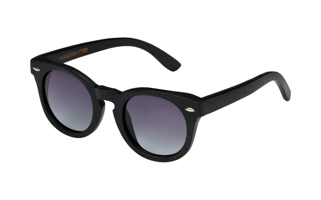 Quinn Black handcrafted bamboo round sunglasses with tea polarized UV400 lenses. Pic2 side view. 