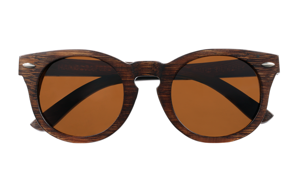 Quinn Brown handcrafted bamboo round sunglasses with tea polarized UV400 lenses. Pic1