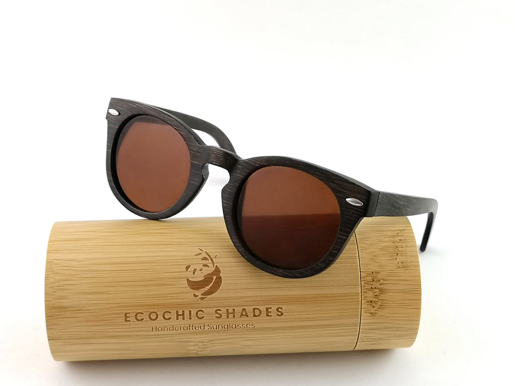 Quinn Brown handcrafted bamboo round sunglasses with tea polarized UV400 lenses and bamboo case. 