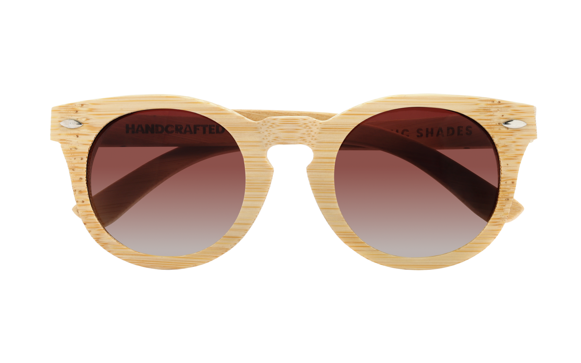 Quinn Natural handcrafted bamboo round sunglasses with tea gradient polarized UV400 lenses. Pic1 Front View.