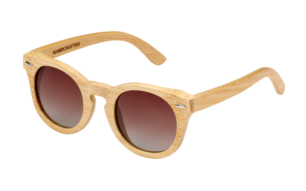 Quinn Natural handcrafted bamboo round sunglasses with tea gradient polarized UV400 lenses. Pic2 full view. 