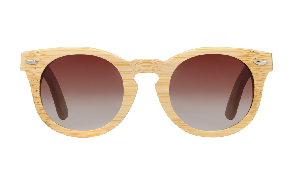 Quinn Natural handcrafted bamboo round sunglasses with tea gradient polarized UV400 lenses. Pic3 full view.