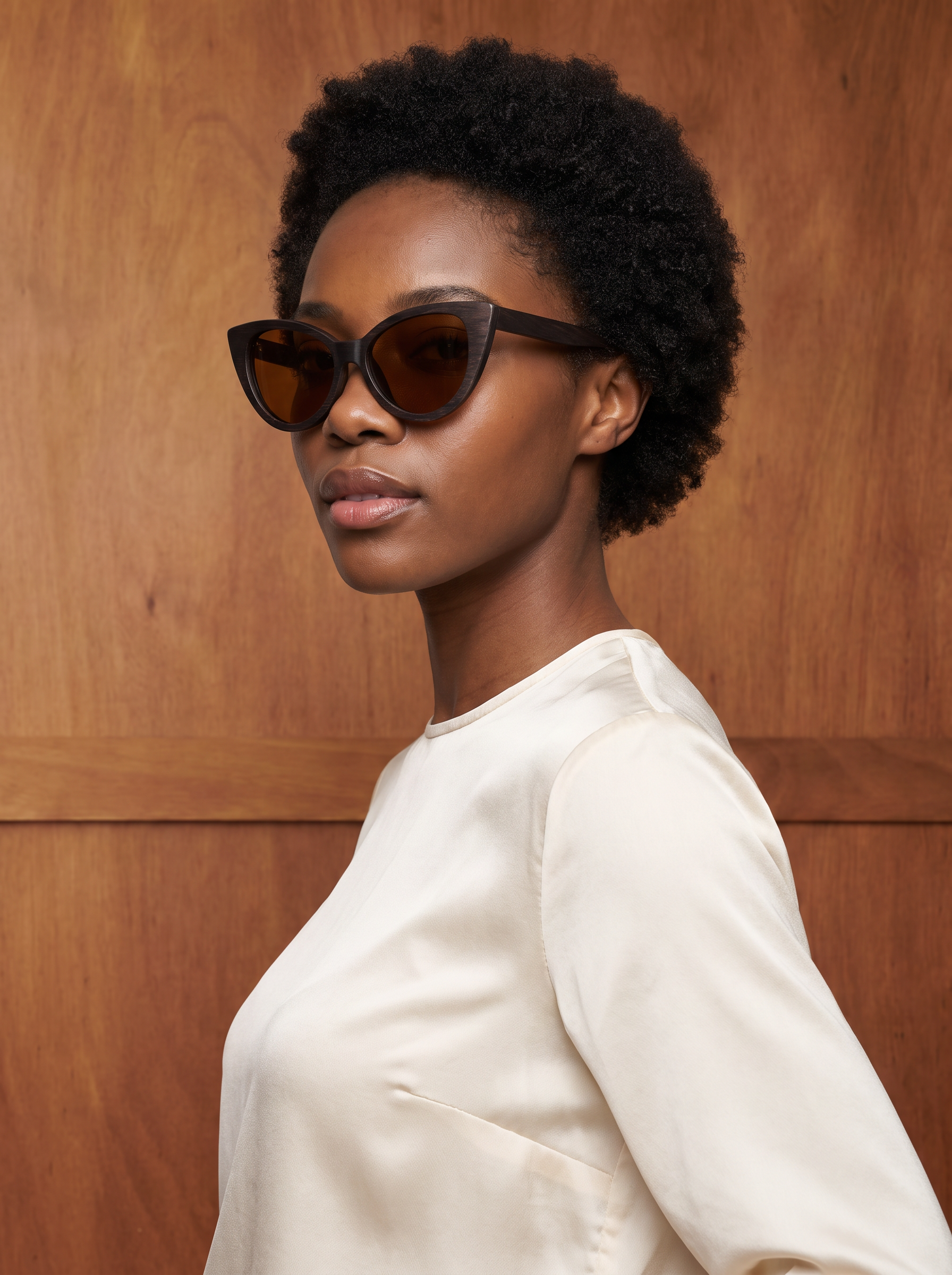 A woman with short curly black hair wearing Ecochic Shades Brown Bamboo with Tea lenses cat-eye sunglasses and a cream satin top, photographed against a warm wood-paneled background.