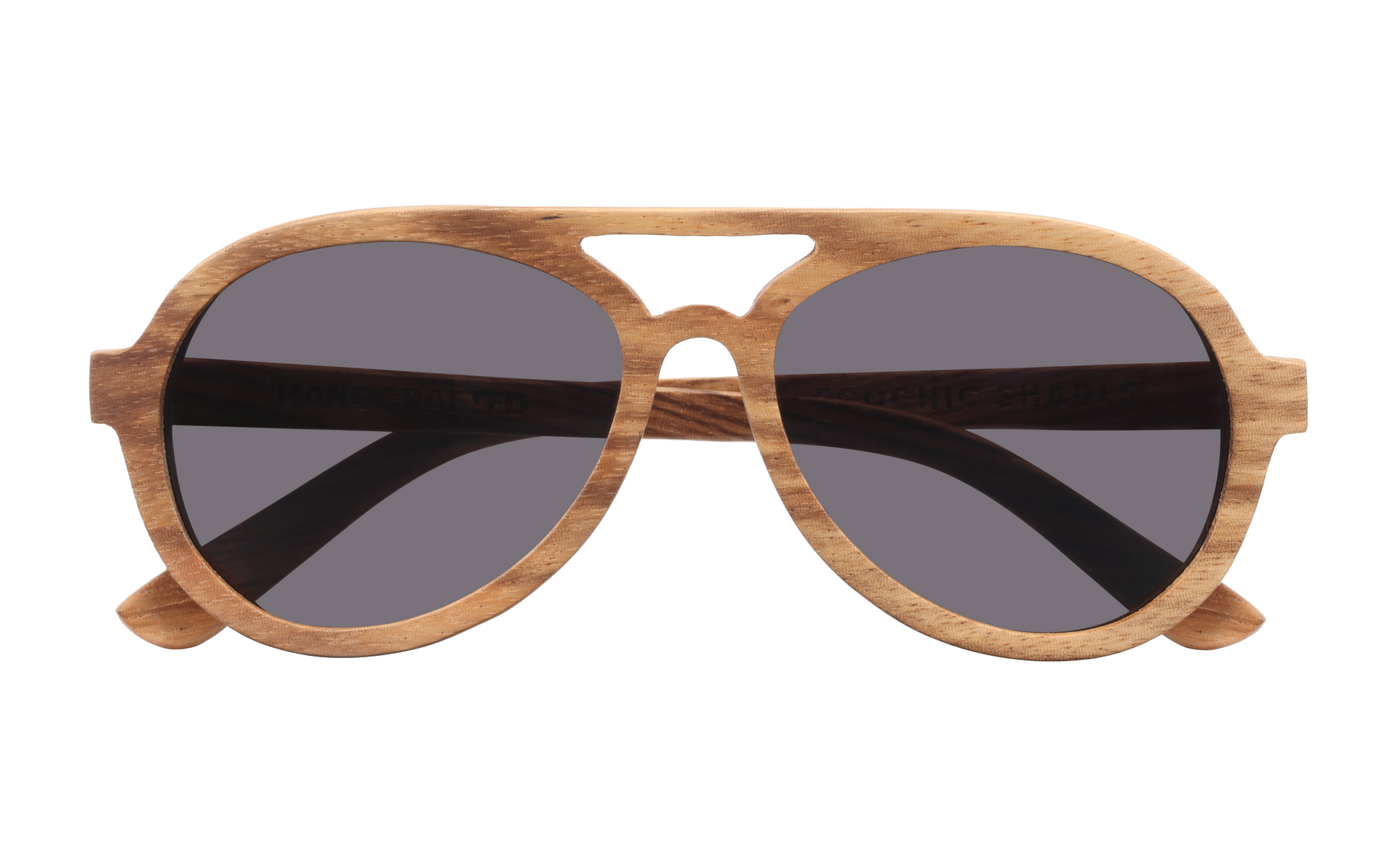 Avion handcrafted wooden aviator sunglasses featuring a zebrawood frame with black polarized UV400 lenses. Pic1