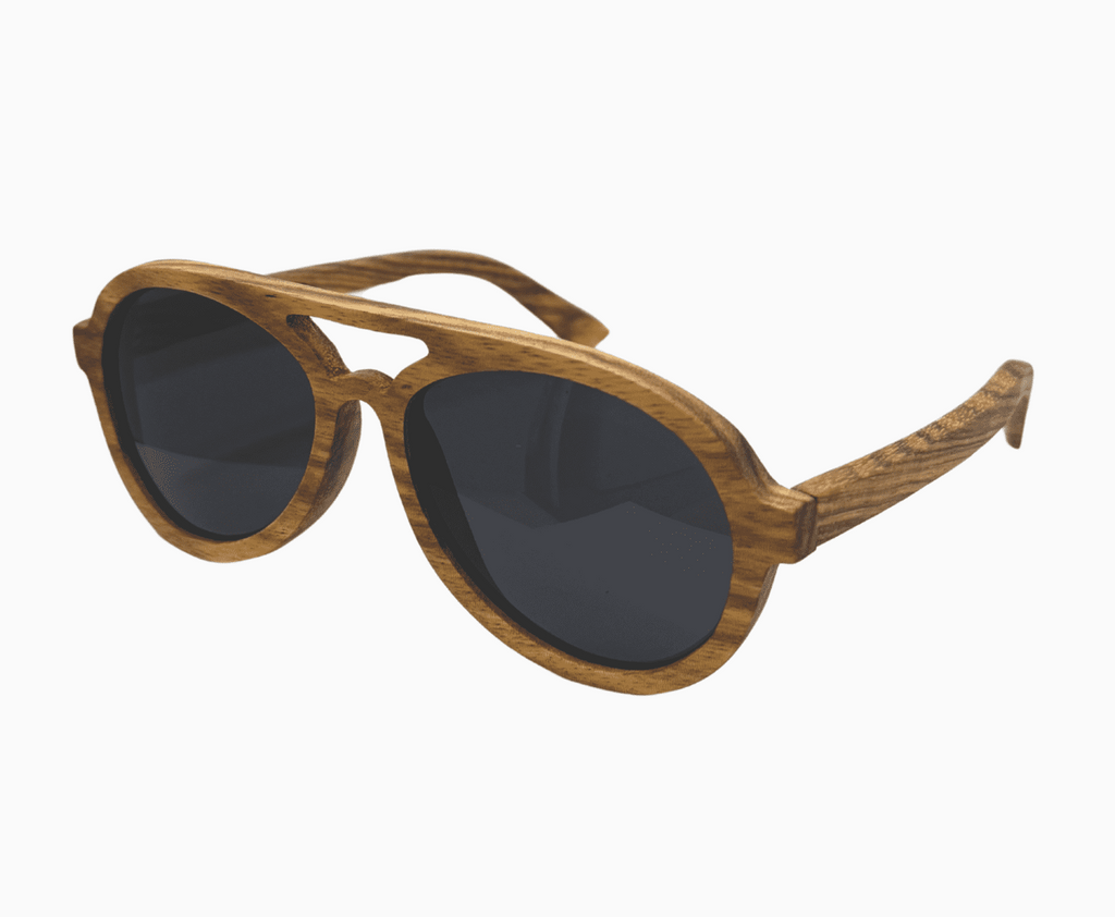 Avion handcrafted wooden aviator sunglasses featuring a zebrawood frame with tea polarized UV400 lenses. Pic2