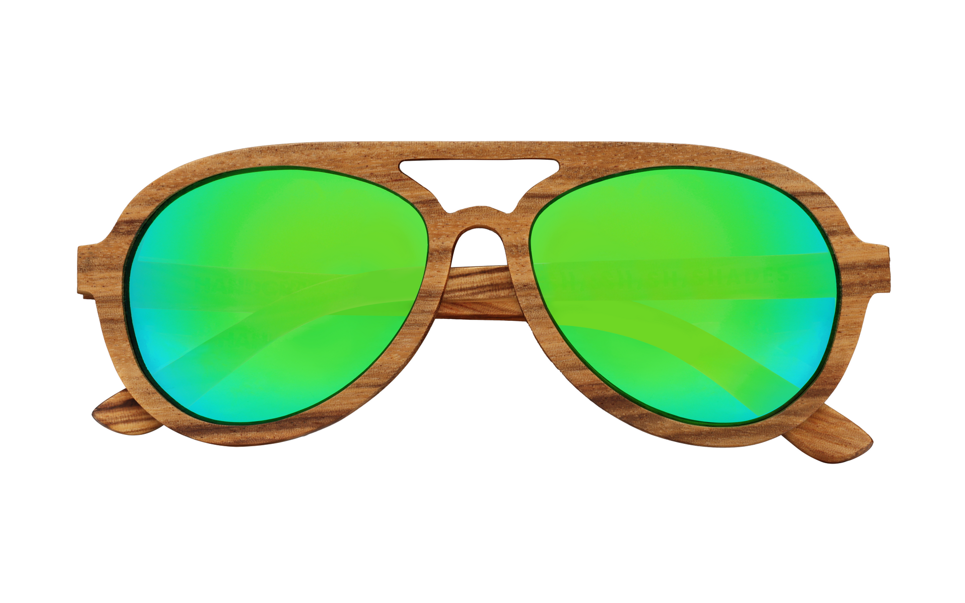 Avion handcrafted wooden aviator sunglasses featuring a zebrawood frame with jungle green mirrored polarized UV400 lenses. Pic1 