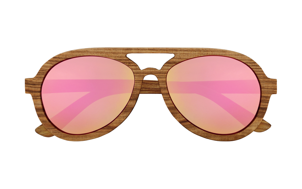 Avion handcrafted wooden aviator sunglasses featuring a zebrawood frame with sunset pink mirrored polarized UV400 lenses. Pic1