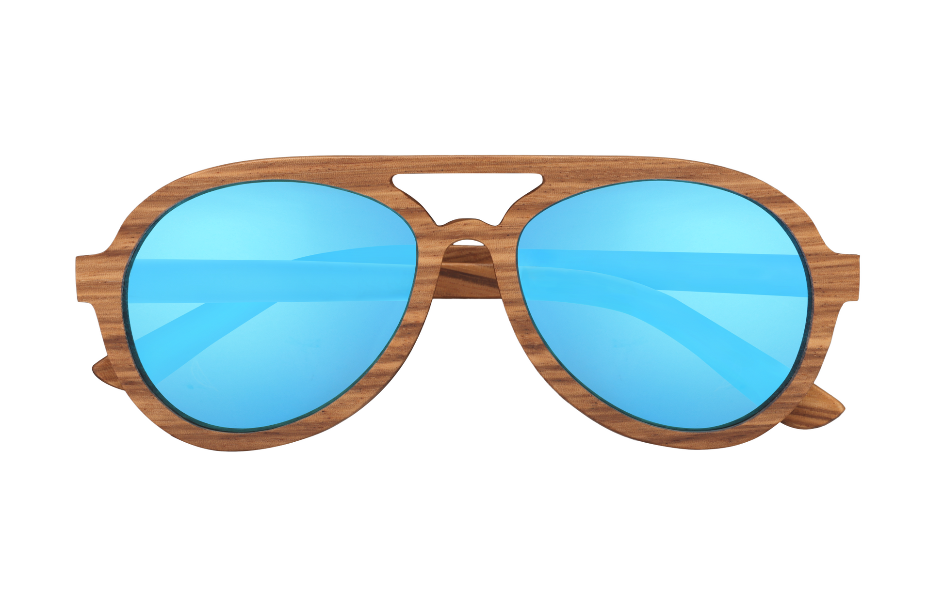 Avion handcrafted wooden aviator sunglasses featuring a zebrawood frame with tahitian blue mirrored polarized UV400 lenses. Pic2 front view
