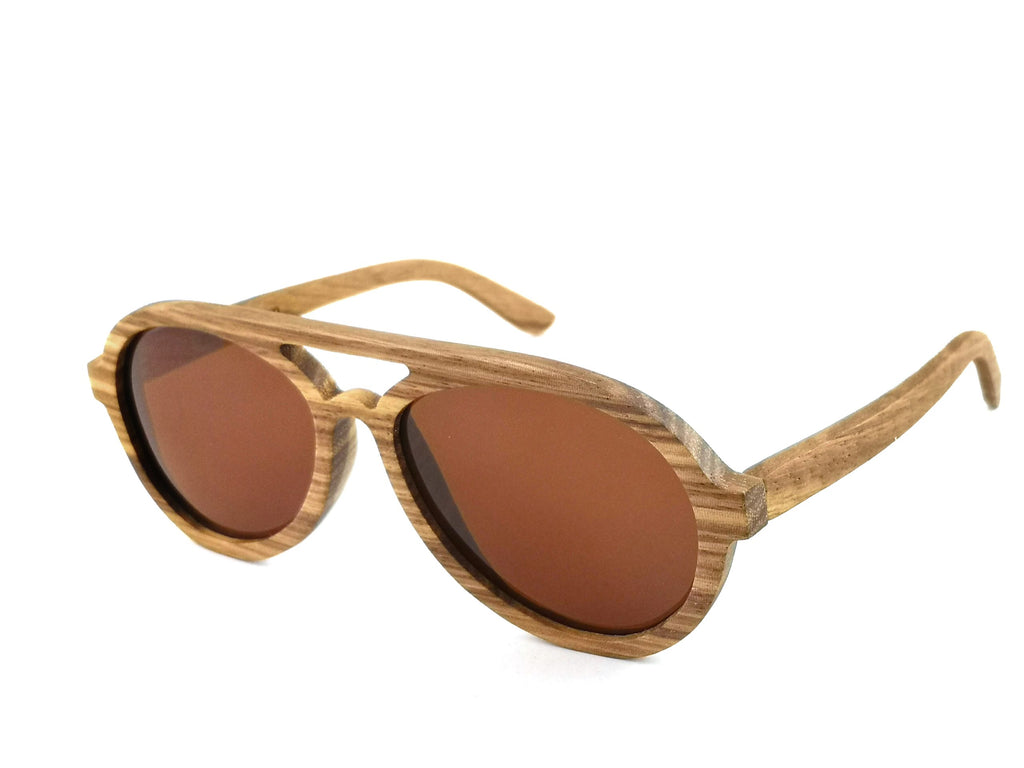 Avion handcrafted wooden aviator sunglasses featuring a zebrawood frame with tea polarized UV400 lenses.  Pic2