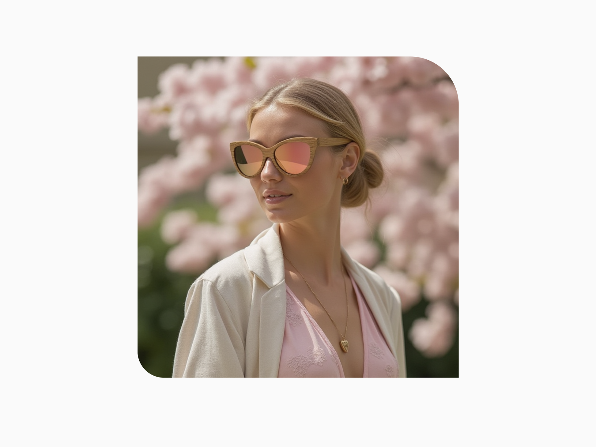 Grace Natural handcrafted bamboo sunglasses with rose gold mirrored polarized UV400 lenses. Lifestyle model wearing the sunglasses. 