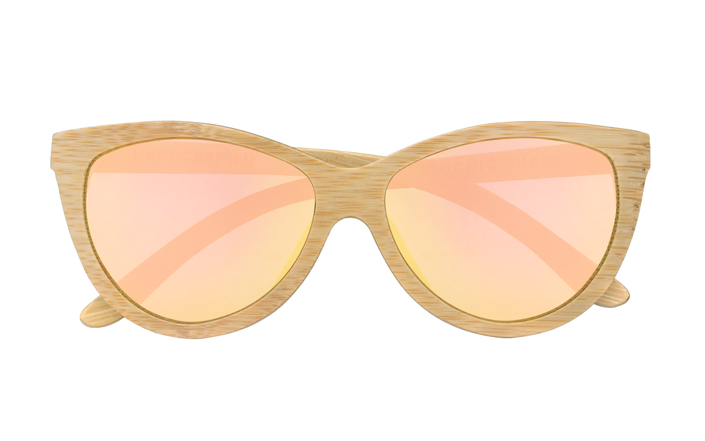 Grace Natural handcrafted bamboo sunglasses with rose gold mirrored polarized UV400 lenses. Pic1 front view.