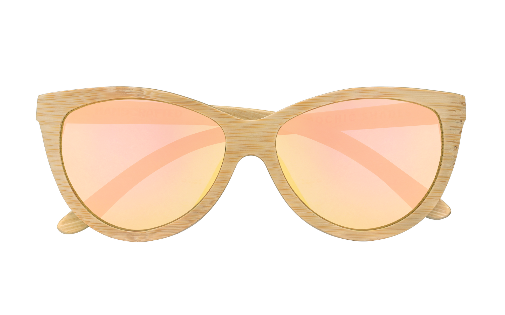 Grace Natural handcrafted bamboo sunglasses with rose gold mirrored polarized UV400 lenses. Pic1 front view.
