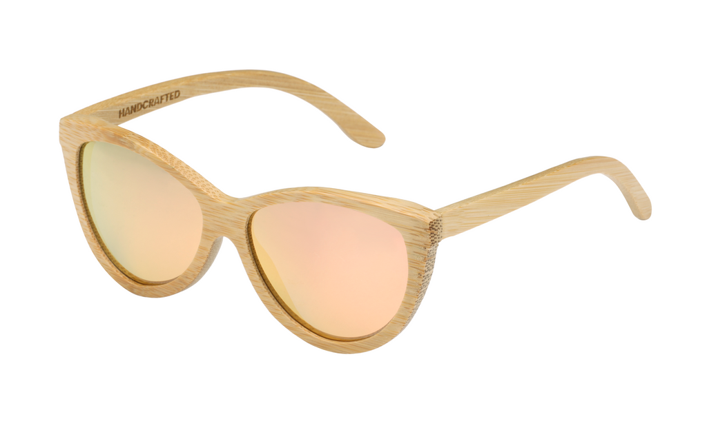 Grace Natural handcrafted bamboo sunglasses with rose gold mirrored polarized UV400 lenses. Pic2 side view. 