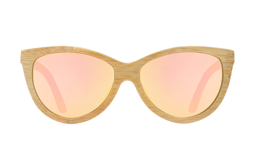 Grace Natural handcrafted bamboo sunglasses with rose gold mirrored polarized UV400 lenses. Pic3 full view. 