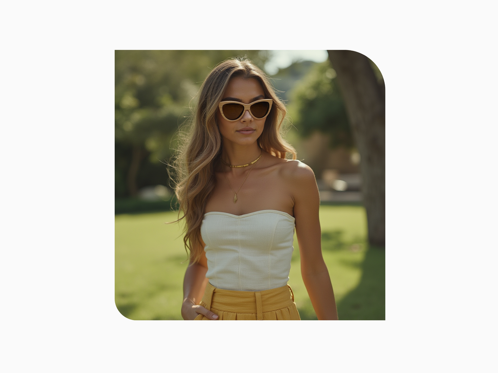 Model wearing Grace Natural handcrafted bamboo sunglasses with tea polarized UV400 lenses. 