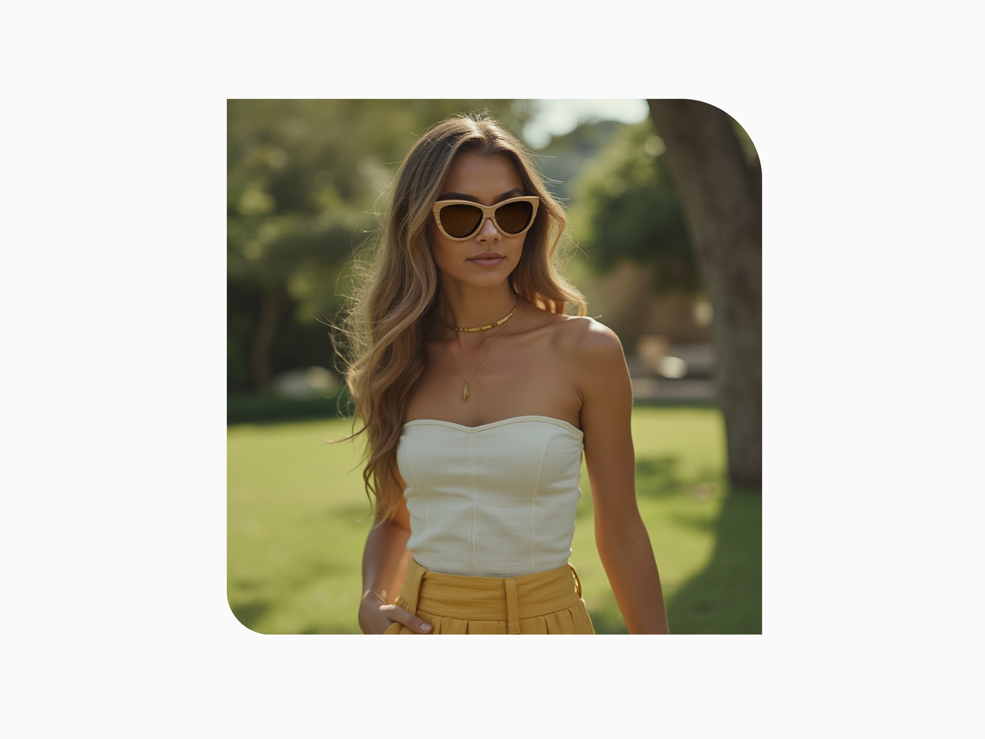Model wearing Grace Natural handcrafted bamboo sunglasses with tea polarized UV400 lenses. 