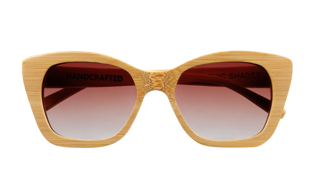 Mia natural handcrafted bamboo sunglasses with tea gradient polarized UV400 lenses. Pic1 front view.