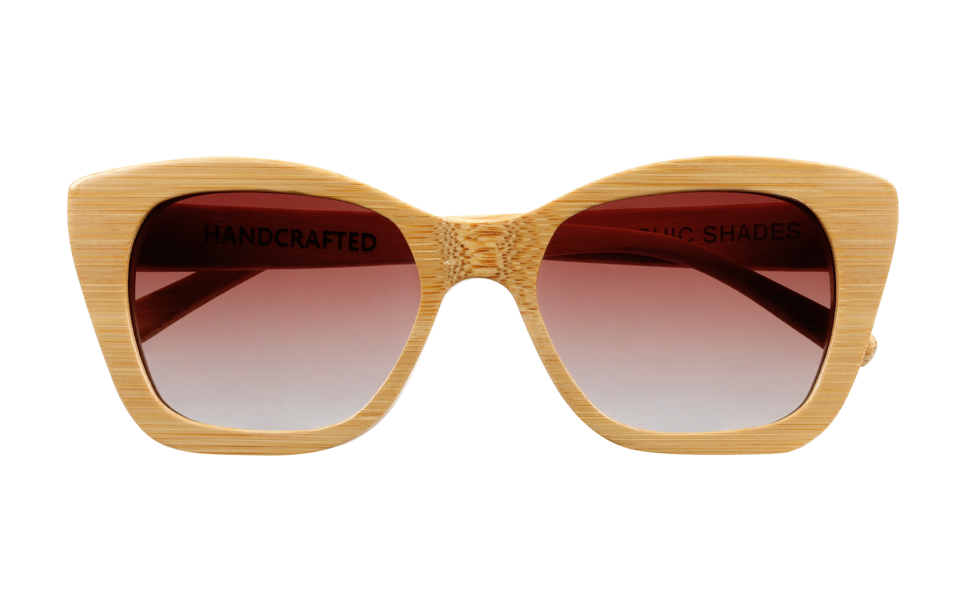Mia natural handcrafted bamboo sunglasses with tea gradient polarized UV400 lenses. Pic1 front view.
